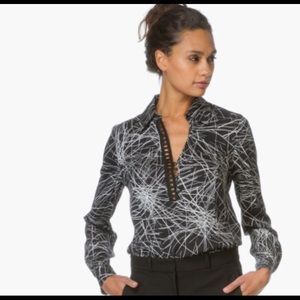 DVF - Black Print V-Neck Blouse (size 8)